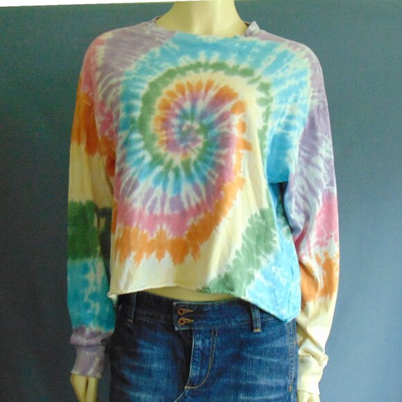 Free People Daydreamer Rainbow Tie Dye Cotton Cropped Long Sleeve Tee Top Sm - Picture 3 of 12